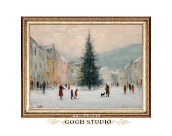 Vintage Christmas Village Oil Painting Art Print Winter Town Scene (Digital Download)
