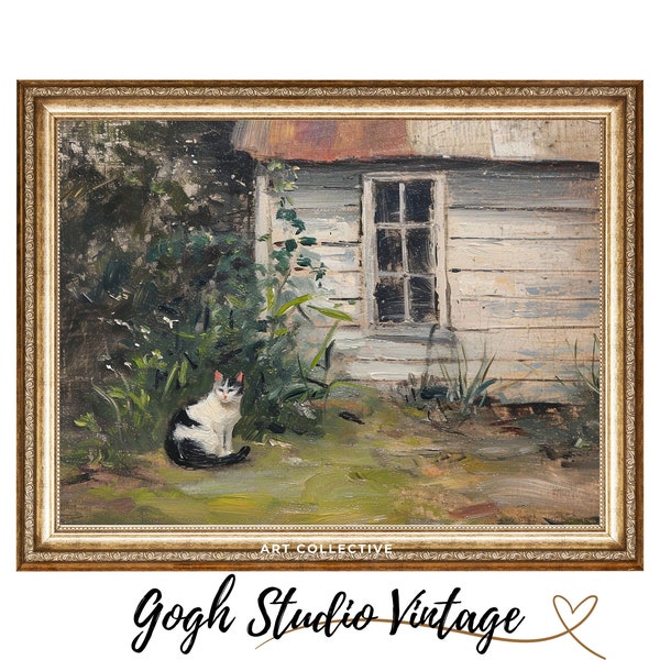 Cat in Farmhouse Village Oil Painting, Cottage Landscape Rural Landscape Farmhouse Print, Vintage Antique Oil Painting Digital Downloadable