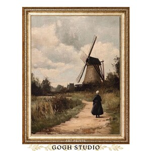 Pintura a óleo vintage de um moinho de vento holandês, arte rústica estilo cottagecore (impressões digitais)