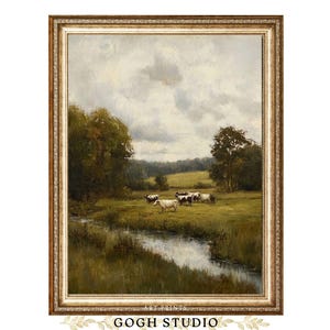 Pintura al óleo vintage de vacas pastando, arte rural cottagecore (impresiones digitales)