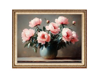 Vintage Peony Bouquet Oil Painting, Cottage Core Floral Print (Digital Prints)