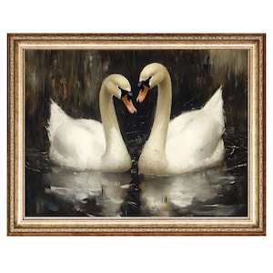 Romantische Schwäne Dunkel Moody Tier Kunst Ölgemälde, Cottagecore Wandkunst, VINTAGE Malerei, druckbare Wandkunst, Digitaldrucke, sofort Download