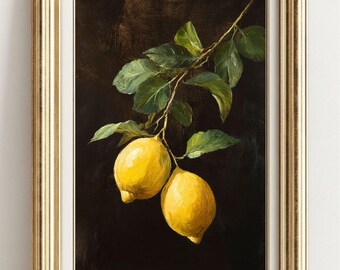 ヴィンテージレモンの静物画、素朴なフルーツの油絵（デジタル