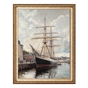 Vintage Tall Ship Harbor Painting Nautical Coastal Wall Art Maritime Decor Seaside Sailing Print Digital Download Printable Artwork