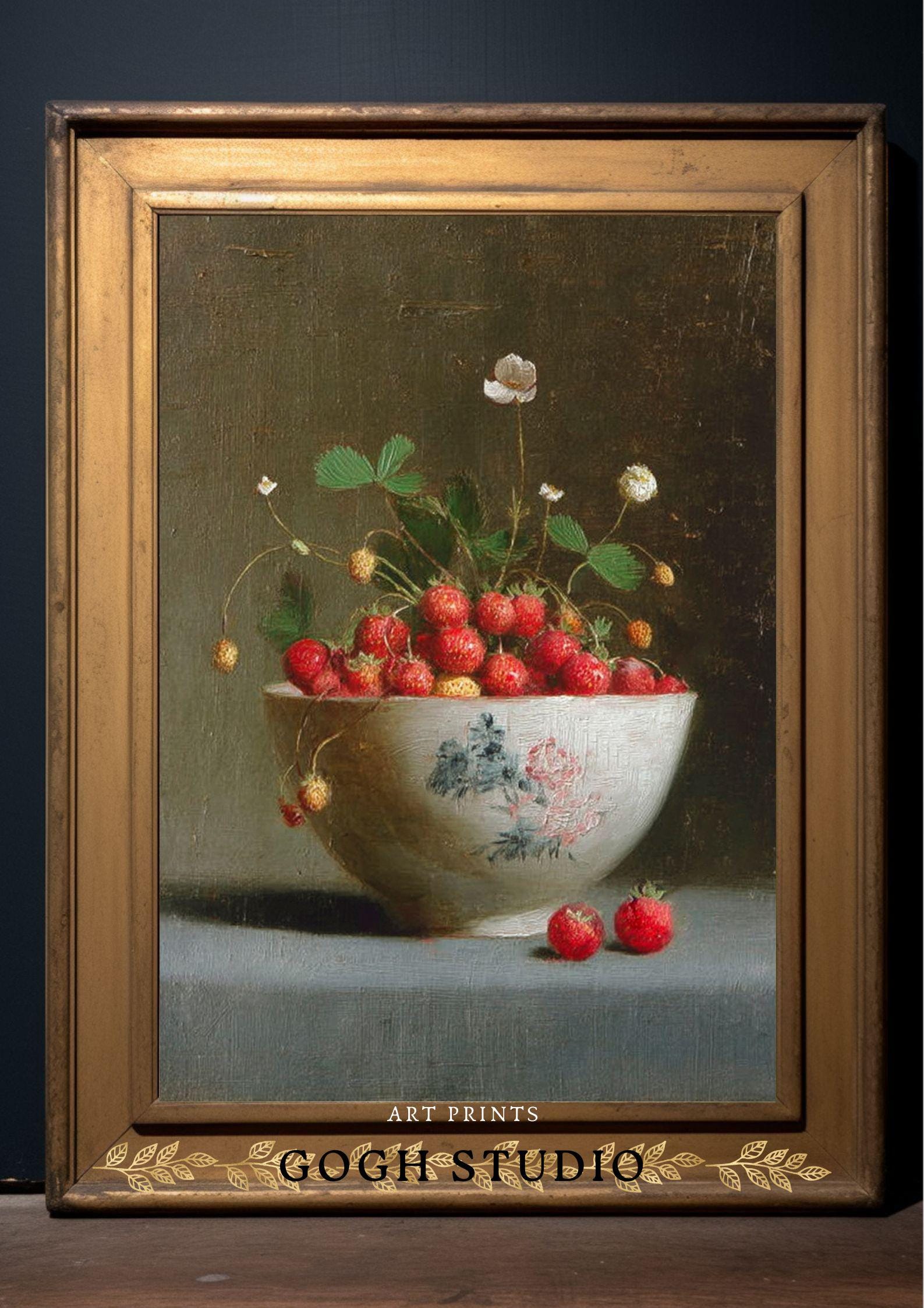 野いちごの静物画：ヴィンテージキッチンウォールアート（デジタル