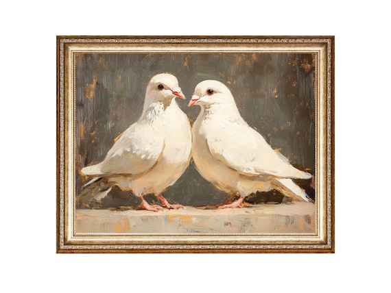 White Doves Oil Painting, Vintage Bird Wall Decor (digital
