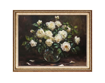 Rosas blancas, pintura al óleo vintage, bodegón de la academia oscura (impresión artística)