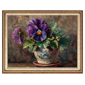 May include: A painting of a bouquet of purple pansies in a blue and white ceramic pot with a brown saucer. The flowers are arranged in a vase on a brown background.
