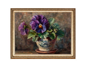 Pansy Flower Pot Vintage Floral Wall Art Oil Painting Vintage Prints PRINTABLE Digital Download Large Wall Art