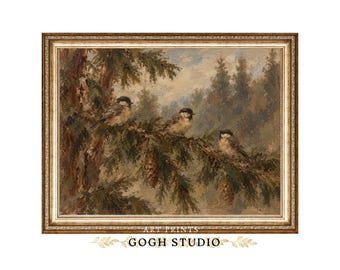 Three Chickadees Painting, Vintage Birds on Pine Branch, Woodland Wildlife Art, Printable Digital Download