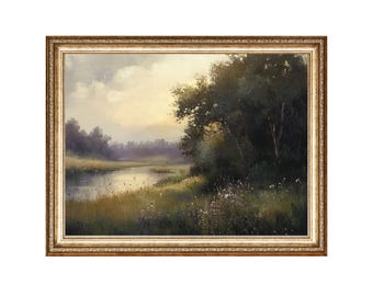 Vintage oljemålning med flodlandskap, Cottagecore Wildflower Field (digitalt tryck)