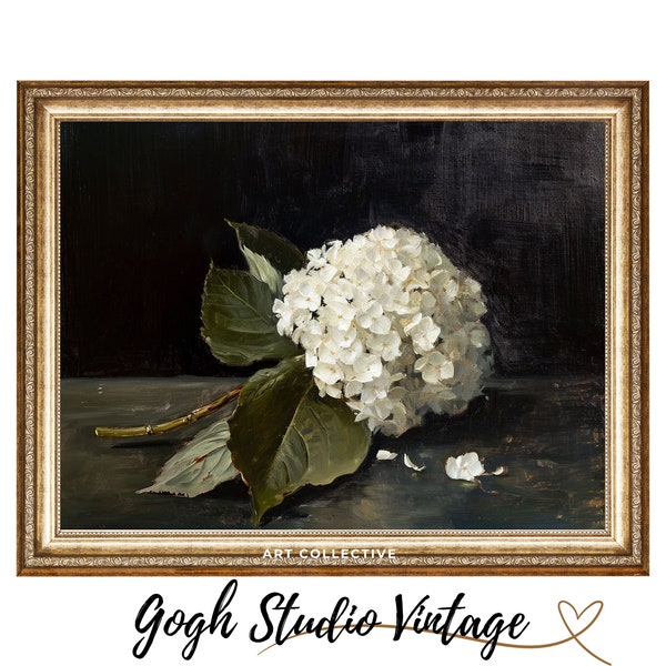 White Hydrangea Flower, Dark hydrangea Black Wall Art Antique Floral Print, Vintage Downloadable Artwork