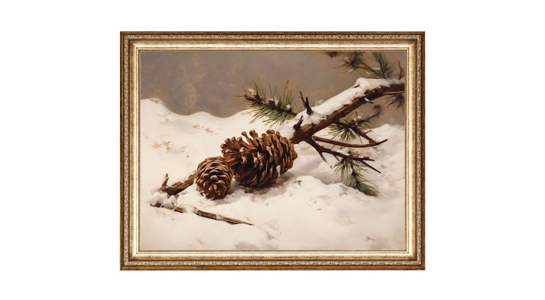 Vintage Snow Pine Branch Art, Pine Cones Winter Wall Decor, Winter Pinecone Decor Giclee Art