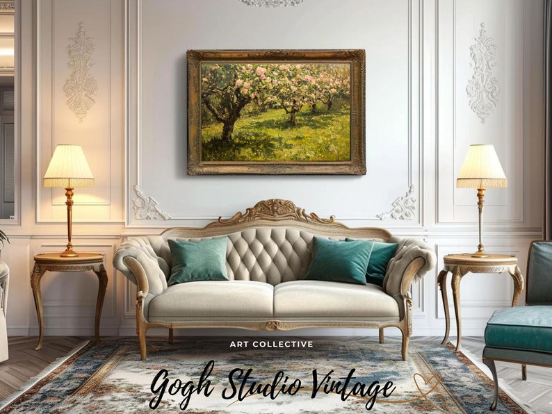 Blühende Bäume Landschaft Malerei, DRUCKBARE Vintage Antike Ölgemälde