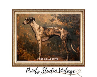 May include: A framed painting of a spotted greyhound dog standing in a forest setting. The painting is in a gold frame with a white mat. The text "ART COLLECTIVE" is visible at the bottom of the painting.