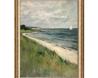 Vintage zeilboot kustolieverfschilderij – Cottagecore Seaside Art (digitale print)