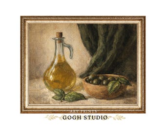 Vintage schilderij olijfoliefles, keuken Cottagecore Art (digitale print)