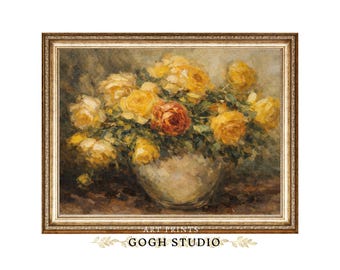 Vintage Yellow Roses Floral Oil Painting Print (Digital Download)