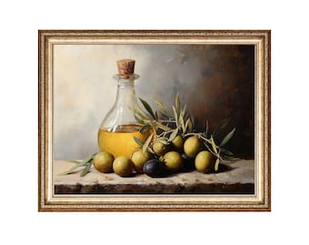 Olive Oil Still Life Painting, Mediterranean Kitchen Art (Digital Print)