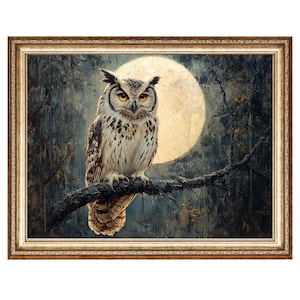May include: A framed painting depicting an owl perched on a branch, with a full moon behind it. The owl has white and brown feathers and yellow eyes. The painting is set against a dark blue and green woodland background.