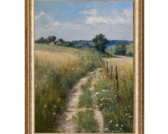 Vintage Countryside Oil Painting – Wildflower Landscape, Cottagecore Wall Art (Digital Print)