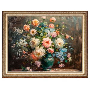 Flower Bouquet Vintage Still Life - Flower Oil Painting Romantic Wall Art - Summer Flowers Floral Art - Flowers In Vase Flower Artwork