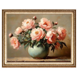 Peony Floral Vase Still Life Oil Painting, Cottage Core Art VINTAGE Painting, Printable Wall Art, DIGITAL PRINTS