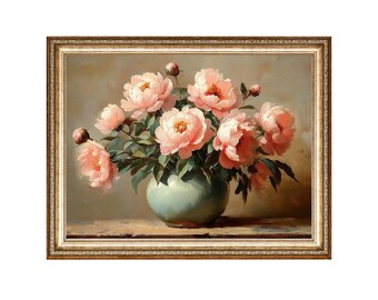 Vintage Peony Oil Painting, Still Life Floral Vase, Cottage Core Art (Digital Print)