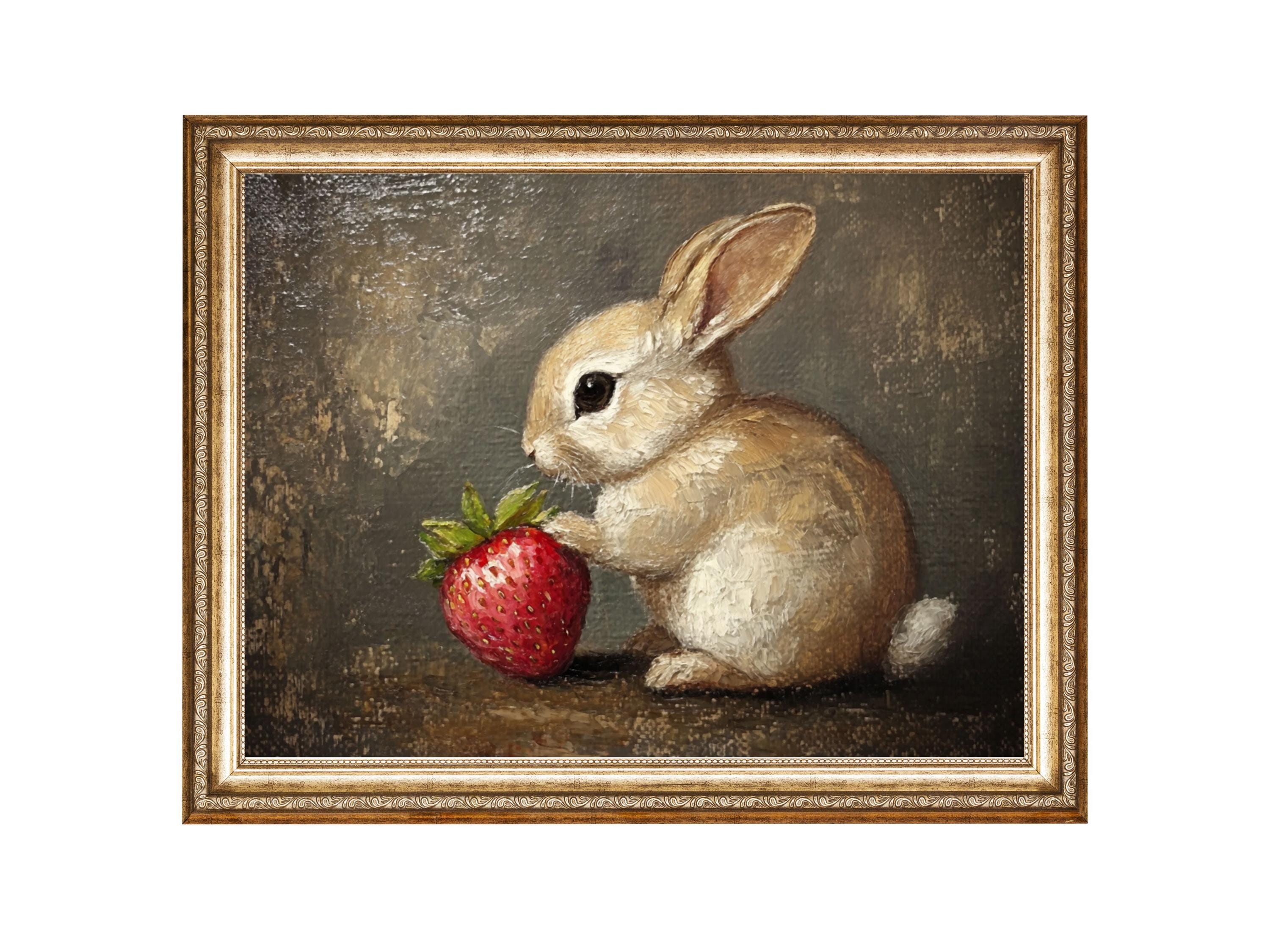 Bunny Painting and Strawberry Cute Rabbit Wall Art Oil