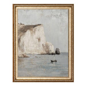 Seaside Cliff with Sailing Boat in Serene Waters VINTAGE Oil Painting, Cottagecore Wall Art, Printable Wall Art, Digital Prints