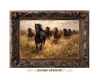 西洋の馬の絵画、馬の群れ、印刷可能な壁アート（デジタルダウンロード