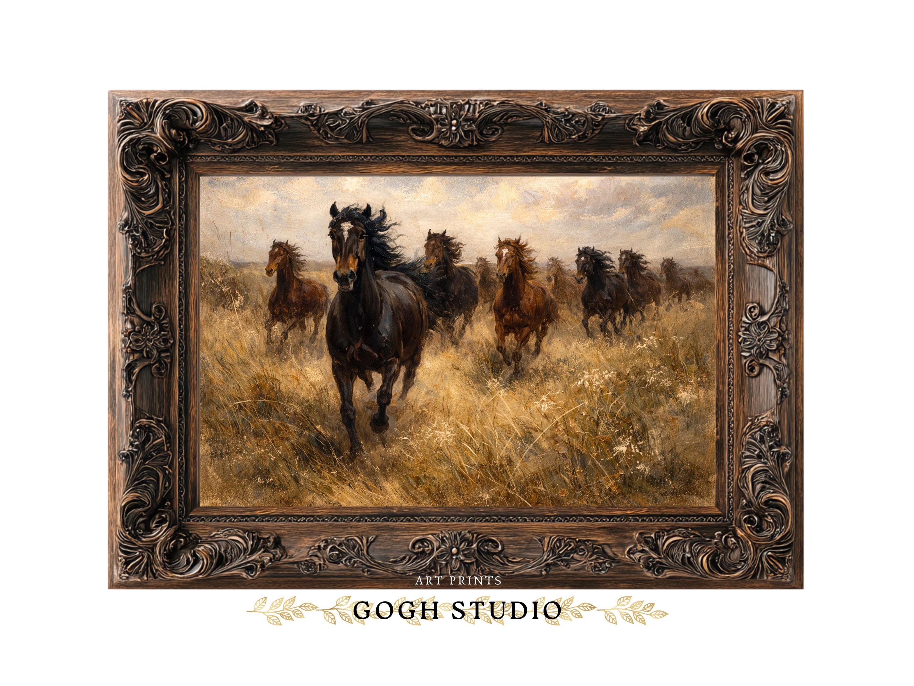 西洋の馬の絵画、馬の群れ、印刷可能な壁アート（デジタルダウンロード