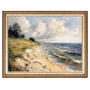 Vintage Coastal Landscape Painting, Nautical Beach Art (Digital Prints)
