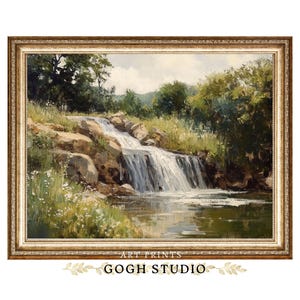 Waterfall Oil Painting, Mountain Stream Landscape, Vintage Cottagecore Art (Digital Print)