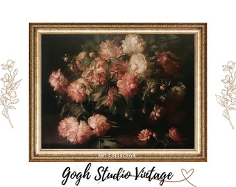 Floral Prints Vintage Dark Wall Art Flower Still Life, PRINTABLE Vintage Oil Painting WALL ART Print Digital Download