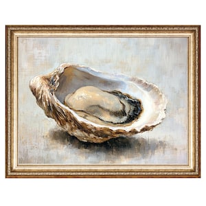 May include: A close-up of a single oyster shell with a pearl inside. The oyster is on a light gray background. The shell is white with brown edges and a textured surface.