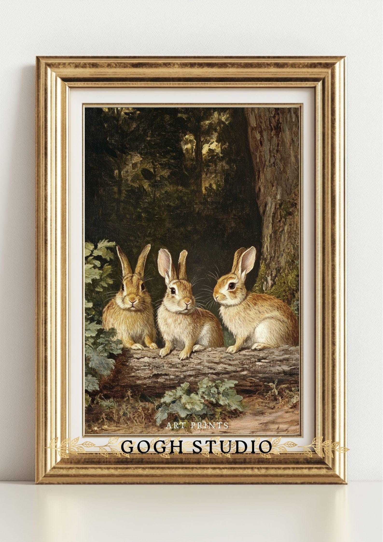 三匹のうさぎのヴィンテージアートプリント、素朴な森の保育園