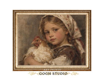 Girl with Chicken Painting: Vintage Farmhouse Printable Art