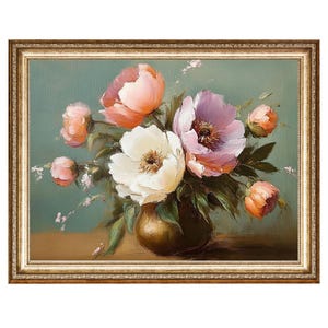 Peony Bouquet Vintage Floral Print Still Life Painting Soft Pink Peonies Elegant French Country Wall Art for Bedroom Living Room