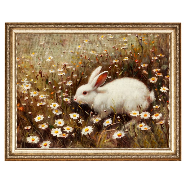 BUNNY RABBIT Oil Painting Bunny Art Print Vintage Oil Painting, Aesthetic Canvas Wall Art Room Antique Decor PRINTABLE Digital Download
