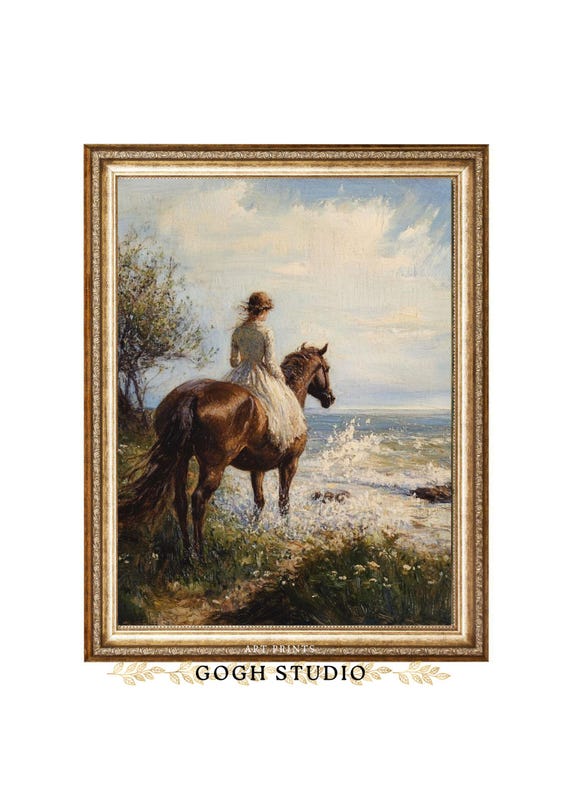 ヴィンテージ油絵「馬に乗った女性」、シーサイドコテージコアアート