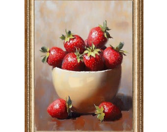 Dipinto a olio vintage con natura morta di fragole, arte da cucina in stile cottage (stampe digitali)