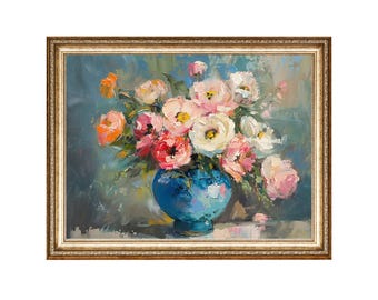 青い花瓶のフラワーアレンジメント油絵ヴィンテージ花の静物画アート