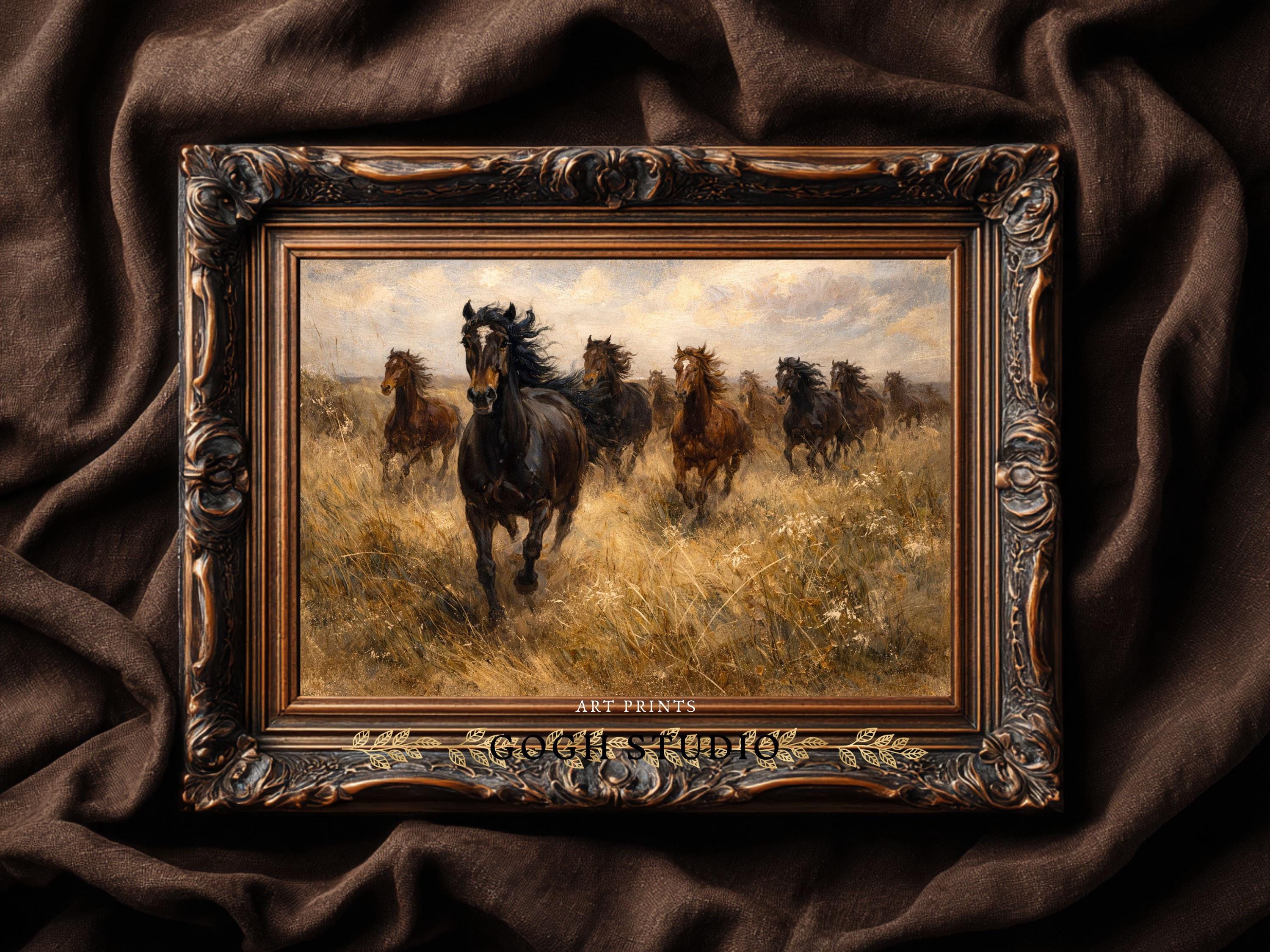 西洋の馬の絵画、馬の群れ、印刷可能な壁アート（デジタルダウンロード