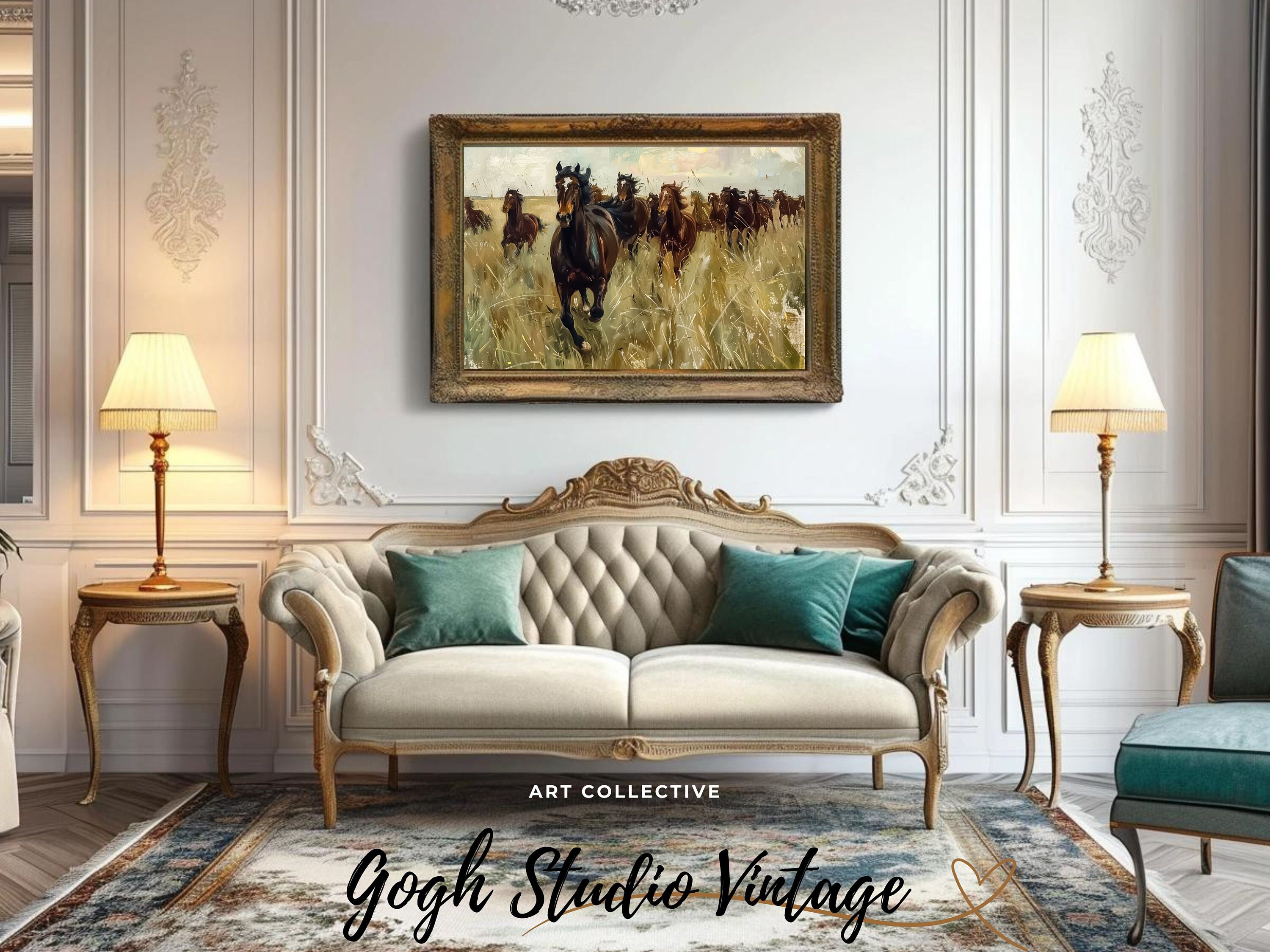 西洋の馬の絵画、馬の群れ、印刷可能な壁アート（デジタルダウンロード