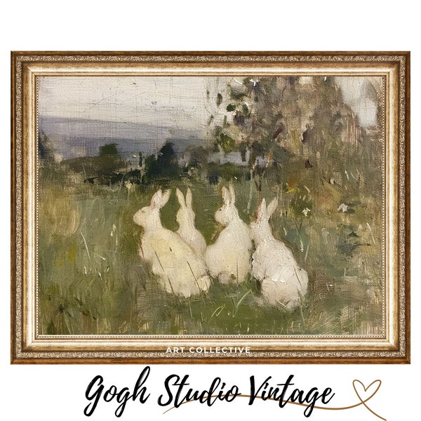 Rabbits Painting, Country Cottage Landscape, Hares By Meadow, Vintage Antique Oil Painting Digital Downloadable Artwork Frame TV