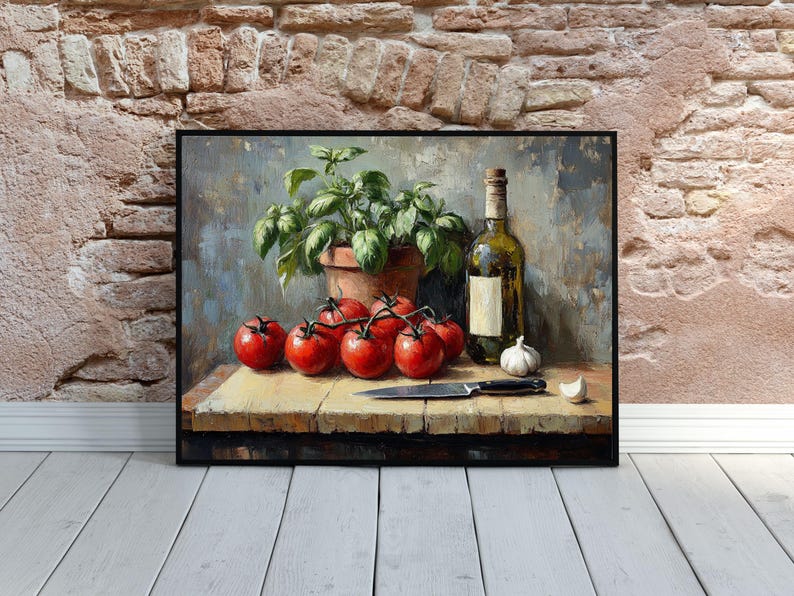 Pode incluir: Uma pintura de natureza morta com tomates vermelhos, uma garrafa de vinho, uma faca e um vaso de manjeric&atilde;o em uma mesa de madeira.