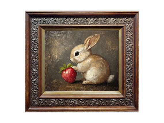 絵画 strawberry & cutie rabbit Bunny Painting and Strawberry Cute Rabbit Wall Art Oil