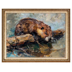 Beaver Oil Painting VINTAGE Prints, PRINTABLE Wall ART, Horizontal Art Digital Download
