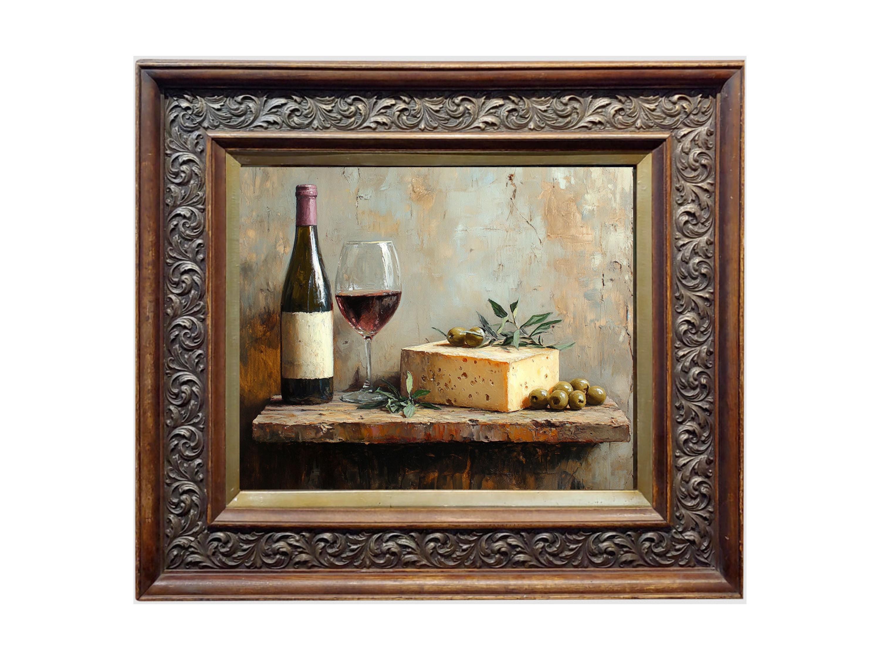 Wine Cheese and Olives Vintage Oil Painting, Rustic Kitchen Wall